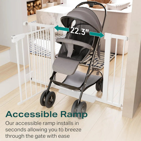 Auto Close Baby Gate For Stairs And Doorways, 30 To 46 Inches, Easy Install Pressure Mounted, Wide Walk Through Opening With One Hand Operation, Mom Approved Safe Gate For Toddlers And Pets, White, shown with stroller