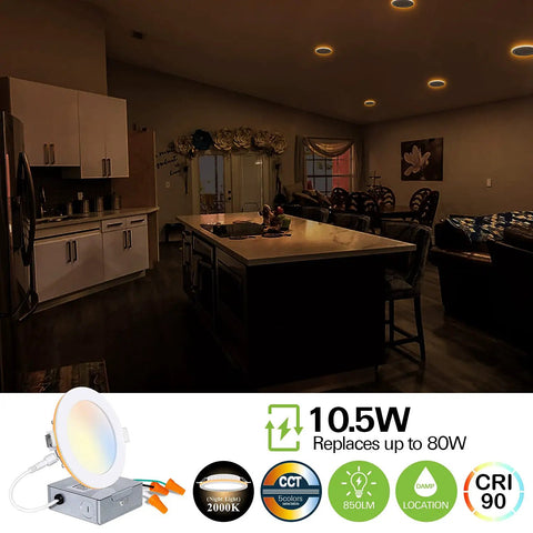 6 Pack 4 Inch LED Recessed Lights With Night Light, 5CCT Dimmable Can-Killer Downlights illuminating a modern kitchen