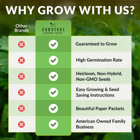 Comparison chart showing benefits of Survival Garden Seeds over other brands, including heirloom, non-GMO features.