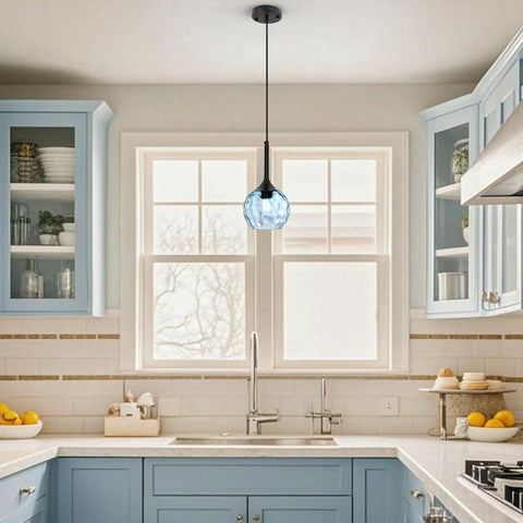 Chill Rustic Glass Mason Jar Pendant Light With Adjustable Cord For Flexible Height hanging in a farmhouse kitchen.