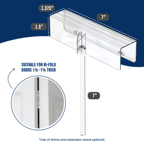 Diagram of 4 Pack Bi-Fold Door Lock Kit For Closets Kid And Pet Proof No Tools Needed Clear Polycarbonate Ultra Strong Protection For 1 3/8 Inch Wood Doors showing dimensions and compatibility