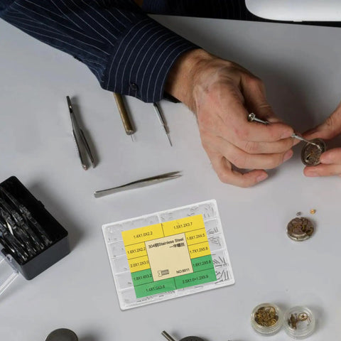 Top Shelf Watch Repair Screws Set Including Ten Precision Stainless Steel Micro Screws Flat Head Build for Watch Band Strap and Case Back Replacement Go To Kit For Watch Repair Guys visible next to tools on a workbench.