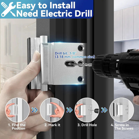 Installation of Heavy Duty Door Reinforcement Lock Withstands 800 Lbs Of Force For Kids Safety using electric drill