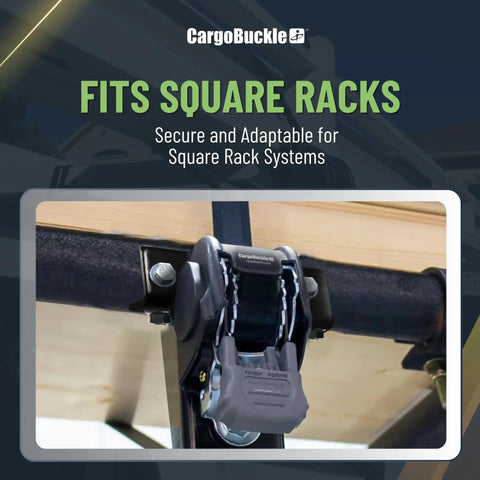 Ladder Rack Tie-Down System With Self Retracting Ratchet Straps on square mount fitting a truck bed, close-up view