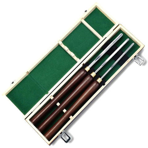 Badass Three Piece Bowl Gouge And Wood Chisel Set For Exact Lathe Work, HSS blades in walnut handles inside a wooden case.