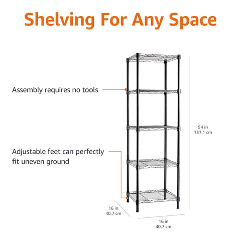 Heavy Duty Five Shelf Tower Adjustable Storage Rack For Tight Squeezes And Garages Rustproof Steel Organizer With Sturdy Levelers solid design with measurements.
