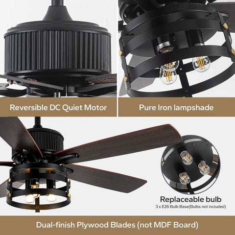 Rustic 36 Inch Ceiling Fan With Lights And Remote showing caged design, retractable blades, reversible quiet DC motor, iron lampshade