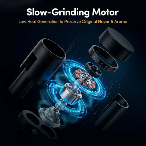Premium Conical Burr Electric Coffee Grinder With Stepless Adjustment For Smooth Espresso Or Pour Over Brews featuring slow-grinding motor parts.