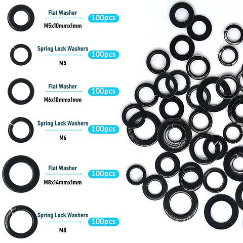 100 Sets Stainless Steel Flat And Spring Washers Kit For Bolts M5 Size Heavy Duty Includes 100 Flat Gaskets And 100 Split Lock Washers Black Zinc Plated Corrosion Resistant Hardware Pack, M5 washers