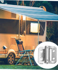 Outdoor setting with RV and focus on soft close corner cabinet hinge.