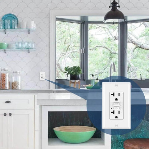 10 Pack Slim 20 Amp GFCI Outlet Receptacle With LED Indicator 125V installed in modern kitchen setting.