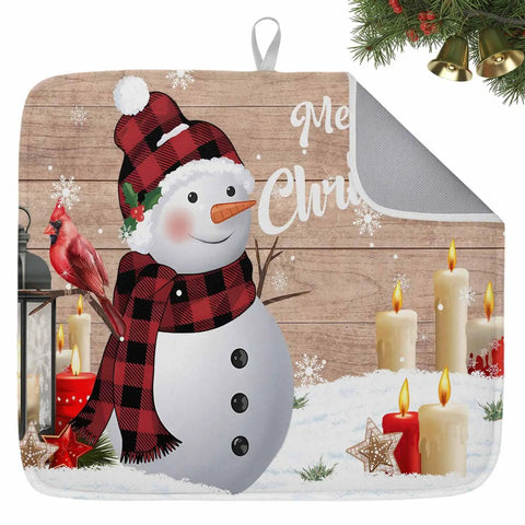 Holiday Themed Snowman Wood Grain Dish Drying Mat with snowman, candles, and cardinal, 16x18 inches