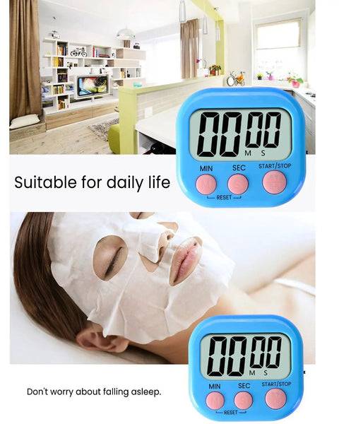 Two Pack Large Screen Digital Timers With Magnetic Back Countdown And Count Up Stopwatch Loud Alarm For Kitchen Office Classroom Dorm And Study Green And Blue Colors, shown in a home and with a person using a facial mask