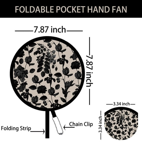 Image of 4 Pack Foldable Hand Fans Dark Botanical Print Pop Up Pocket Cooling Gadgets, 7.87 inch fan size, compact for travel.