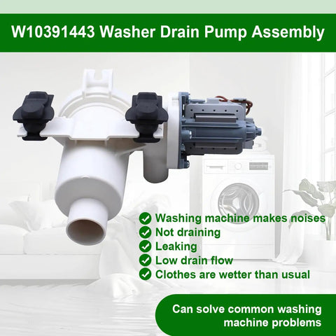 Washer Drain Pump Replacement Kit For Whirlpool Maytag Amana Washers W10391443 close-up view of pump assembly with mounting brackets.