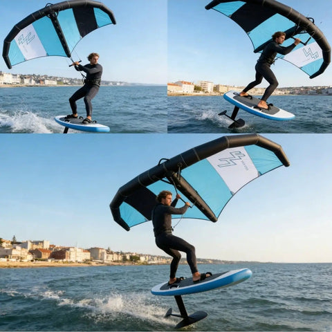 Person using Go-To Wind Wingfoil And Hydrofoil Board Kit With Inflatable Wing Pack for Portable Foiling over the water.