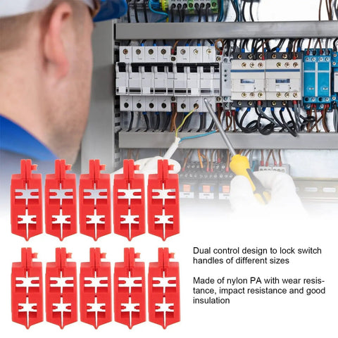 Heavy Duty Circuit Breaker Lockout Kit 10 Pack Snap On Safety LOTO Gear For Electrical Panels, nylon clamps securing switches.