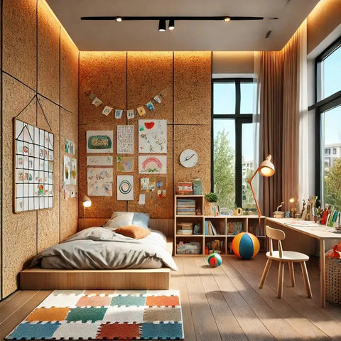 Premium Natural Cork Roll Four Feet By Twenty Four Feet Long Half Inch Thick used as wall covering in a cozy bedroom.