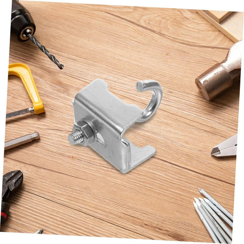 Killer Grip Six Piece Heavy Duty Girder Clamp Hooks For Beam Storage versatile shelving bracket displayed on wooden surface with tools.