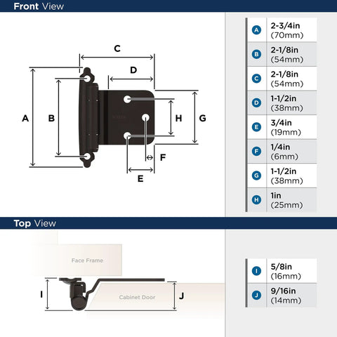Dimensions diagram of Reverse Bevel Face Frame Cabinet Hinge With Variable Overlay Self Closing Face Mount Oil Rubbed Bronze Finish.