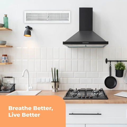 Premium 30 By 6 Inch Wall Vent Cover With Multi Shutter Damper And Adjustable Front Blades In Rustproof Aluminum White Finish in a kitchen setting