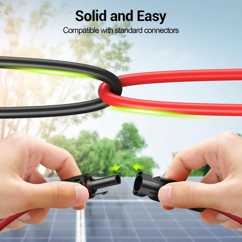 Hands connecting 30Ft 10 Gauge Solar Extension Cable With Male And Female Connectors For Outdoor RVs And Off Grid Solar Systems