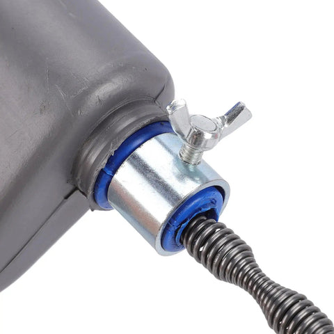 33 Foot Manual Drain Auger Snake Heavy Duty Spring Steel Pipe Cleaner close-up of metal connection with flexible cable.