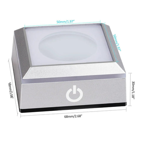 Rounded LED base measuring 2.68 inches, designed for 3D laser crystal engravings, with a smooth gliding touch switch.