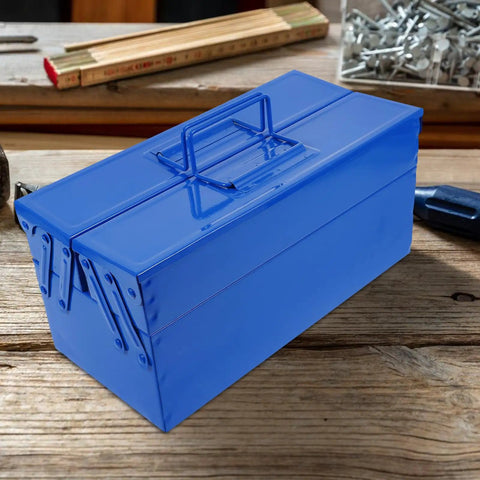 Badass Blue Iron Double Layer Toolbox Organizer With Grip Carry Handle Portable Heavy Duty Build For Garage Setup Or Job Site Grind To Keep Tools Locked In, shown on wooden surface.