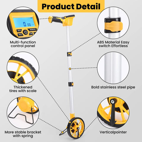 Heavy Duty Digital Measuring Wheel With Backlit Display And Folding Rollers For Surveying And Construction details showing control panel and materials.