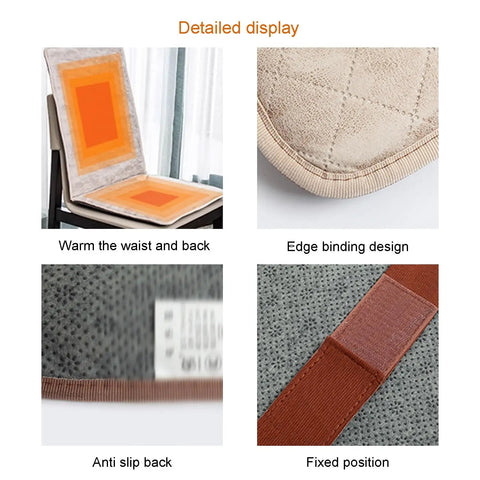 Detailed view of Cozy Heated Office Chair Cushion Pad With Strap For Desk Seat Warmer, showing fabric, strap, and anti-slip design.