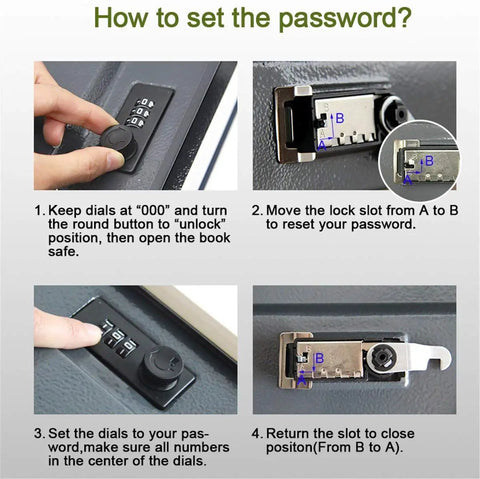 Password setup for Hidden Safe Book Lookin Real Like A Classic Book With Combination Lock Stash Box 8.7 By 6 By 2 Inches.