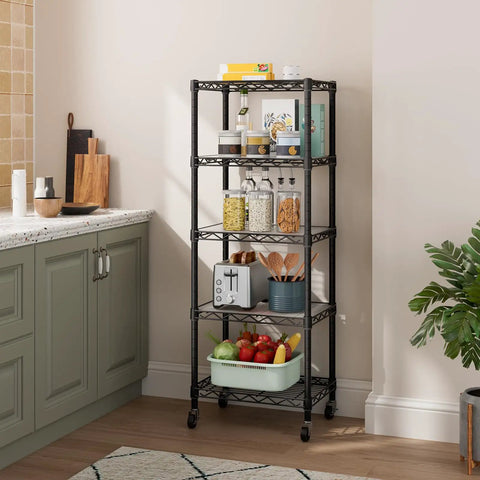 Solid Build Adjustable Wire Rolling Shelving Unit With Smooth Glide Casters And Moisture Resistant Steel Mesh for kitchen organization.