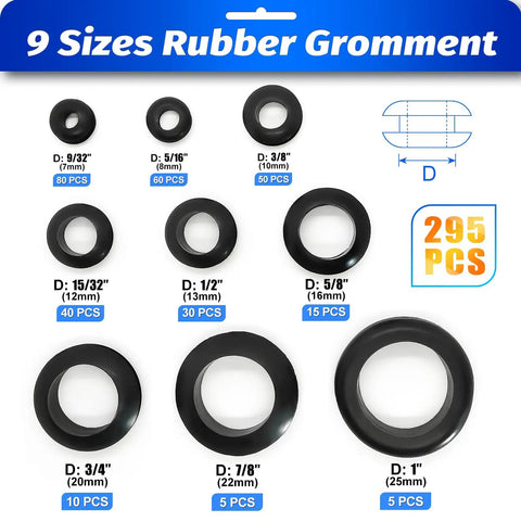 295 Piece Rubber Grommet Kit For Wiring Nine Size Set From Nine Thirty Second Inch To One Inch Includes Grommets Displayed