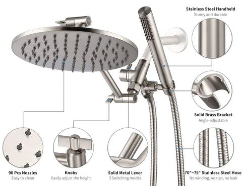 All Metal Dual Shower Head Combo With 8 Inch Rainfall Head Handheld Spray Wand Three Way Diverter Adjustable Extension Arm And 71 Inch Hose In Brushed Nickel Built To Last showcasing parts detail