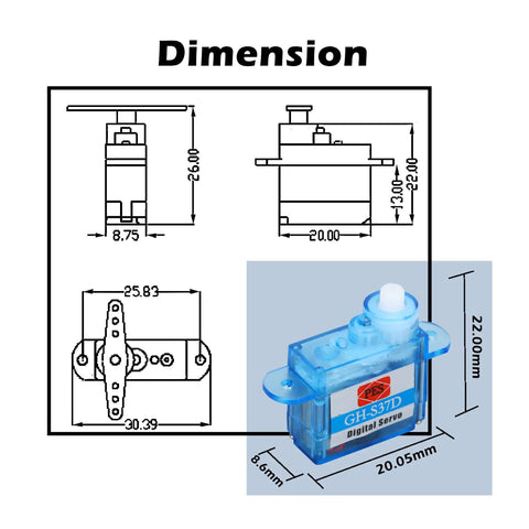 Dimensions of Ultra Light 3.7g Digital RC Servo GH-S37D for RC Planes Helis and Boats with diagram of measurements.