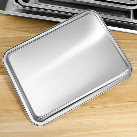Commercial Grade Full Size Aluminum Sheet Pan 18 By 26 Inch Baking Tray With Tapered Stackable Sides on wooden surface.