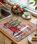 Holiday Dish Drying Mat For Kitchen Counter With Red Truck Cows Pine Trees Snowflakes Wood Grain Design Absorbent Microfiber