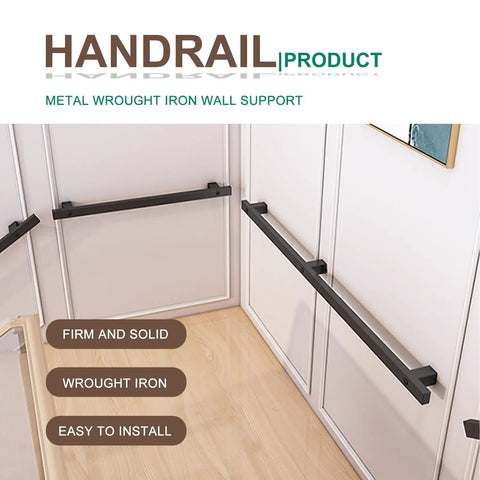 Rock Solid Wrought Iron Stair Railing Black Handrail For Staircase With Concealed Screw Mounts For Sleek Setup shown on wall for easy installation.