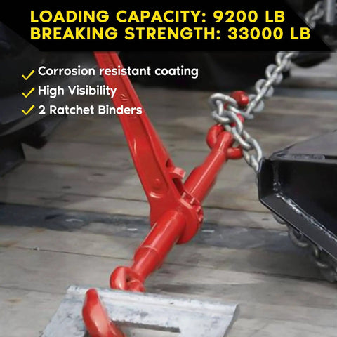 Heavy Duty Tie Down Set: 2 Pack Ratchet Chain Binders for 3/8 to 1/2 Inch Chains, 9200 LBS Working Load Limit, red binder in use