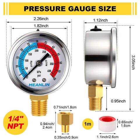 Two Pack 2 Inch Dial Pool Filter Pressure Gauge Kit With Liquid Filled Gauge, 0-60 Psi, Stainless Steel Case, dimensions shown