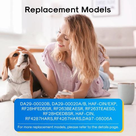 Person with dog beside text listing Samsung Compatible Refrigerator Water Filter Replacement models.