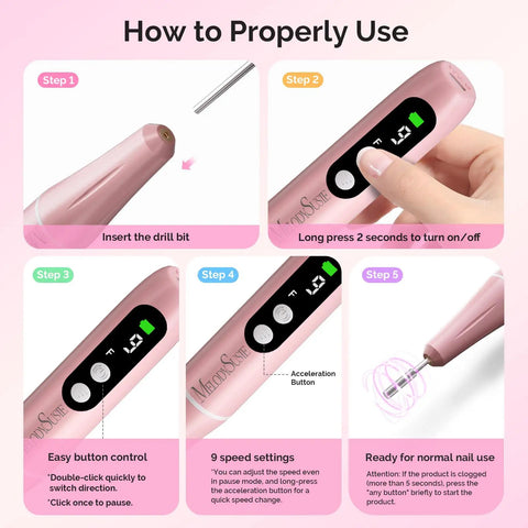 How to use Lightweight Cordless Nail Drill With Handheld UV Lamp Beginner Gel Manicure Kit, steps to insert bit and operate.