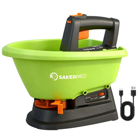 Handheld Lawn Spreader For Seed And Fertilizer, Battery Powered Do It All Tool With 3 Liter Capacity, green design and charger cable