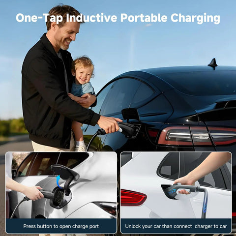 Man and child using Level 1 And 2 Portable Home EV Charger With 16Amp 110V To 240V Flex on car, showing charging process.