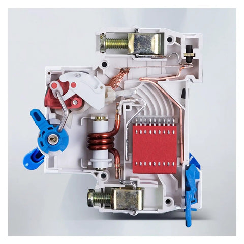 Rock Solid 4 Pole Miniature Circuit Breaker Optimized For 230 And 400 Volt AC Systems Featuring internal components like coils and switches.