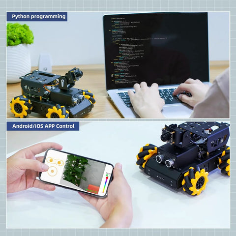 Hands-on programming of Raspberry Pi AI Vision Robot Kit with a laptop and mobile app control, featuring Mecanum wheels and HD camera.
