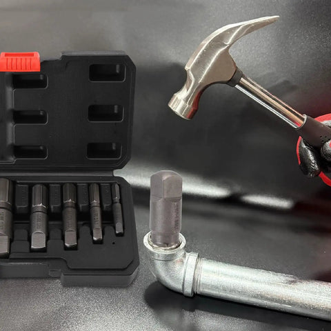 Premium Heavy Duty Pipe Extractor Tool Set For 1/8 In To 1 Inch Pipes, Professional Broken Screw Removal Kit With Steel Bits For Schedule 40 And 80 Plumbing Repairs That Actually Get The Job Done Right. Pipe extractor set with steel bits, case, and hammer for broken pipe repair.