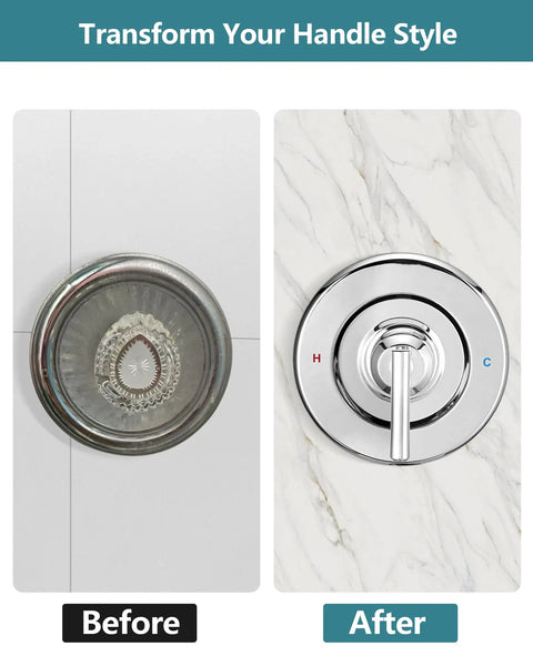 Replacement Lever Handle Kit For Moen Posi Temp And Chateau Faucets shows before and after chrome finish upgrade.