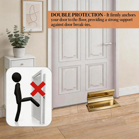 Heavy Duty Floor Door Lock And Security Barricade Anchors Interior Doors Tight To The Floor To Keep Burglars Out Cold With Rock Solid Rugged Aluminum Frame in gold, installed next to a door.